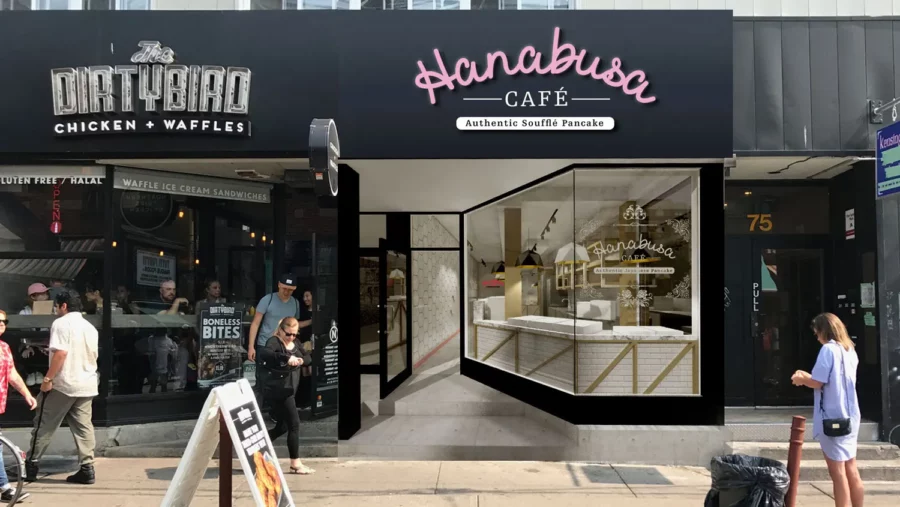 Exterior design project for Hanabusa. Designed storefront with the neon pink logo pops from the background and the store front is highlighted in the busy streets of Toronto.