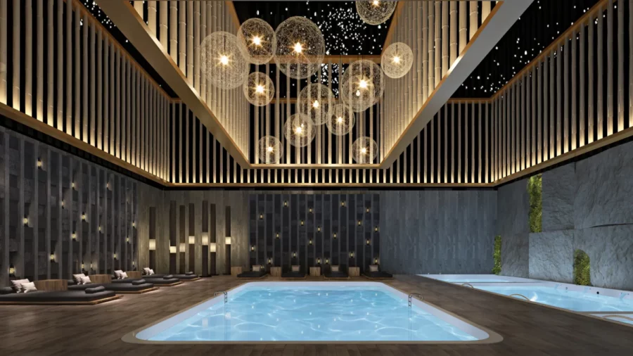 Interior design project for Go Place 東方匯. Designed 3D rendering create an indoor Spa theme park with over the top luxuries
