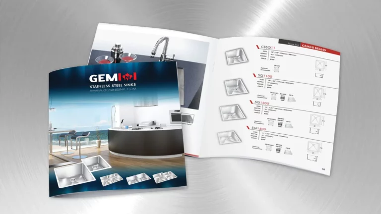 Graphic design project for Gemini Sink. Designed brochures placed beautifully rendered scenes that would keep the customer interested