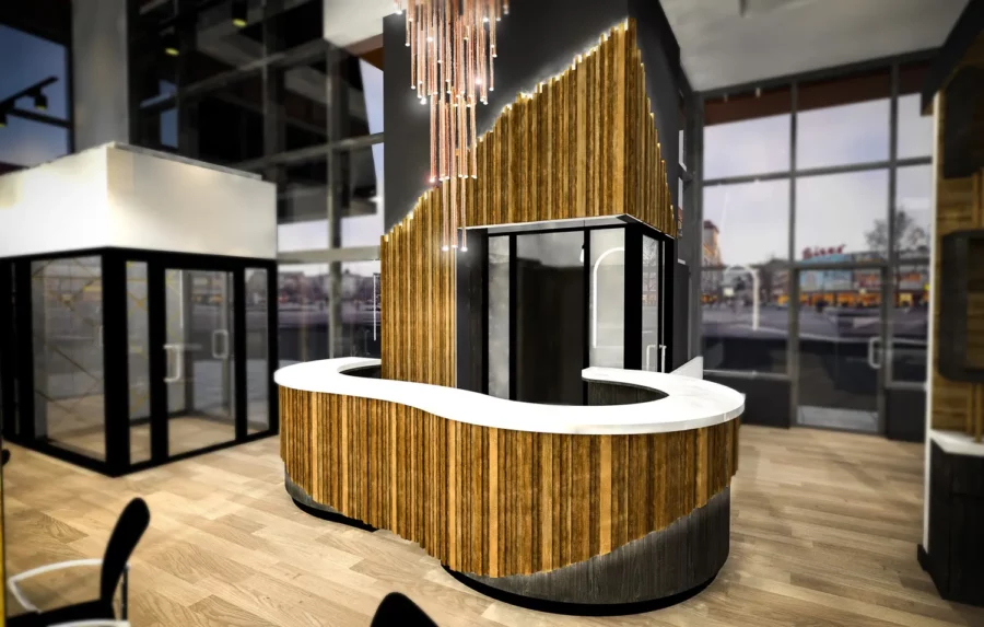 Interior design project for Hair + Co. Inc. Designed 3D rendering with various wood textures