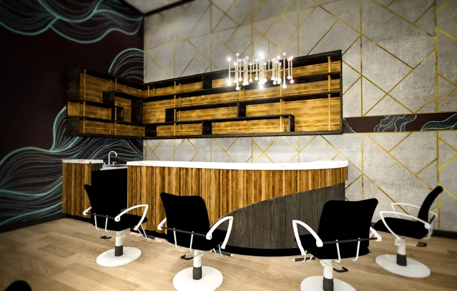 Interior design project for Hair + Co. Inc. Designed 3D rendering with various wood textures