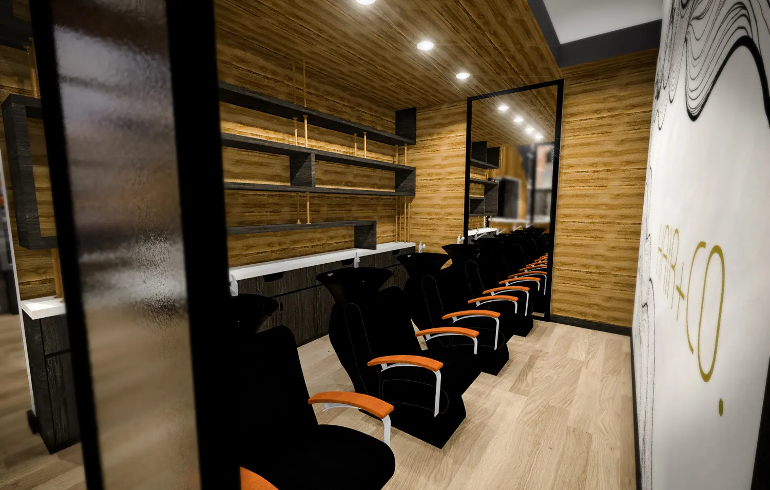 Interior design project for Hair + Co. Inc. Designed 3D rendering to create a comfortable environment for the customers