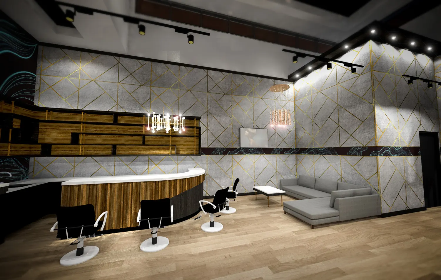 Interior design project for Hair + Co. Inc. Designed 3D rendering to create a comfortable environment for the customers