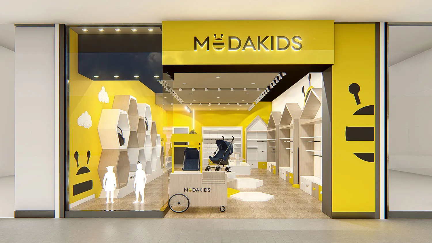 Interior design project for Modakids. Designed 3D rendering  to create a trendy retail store