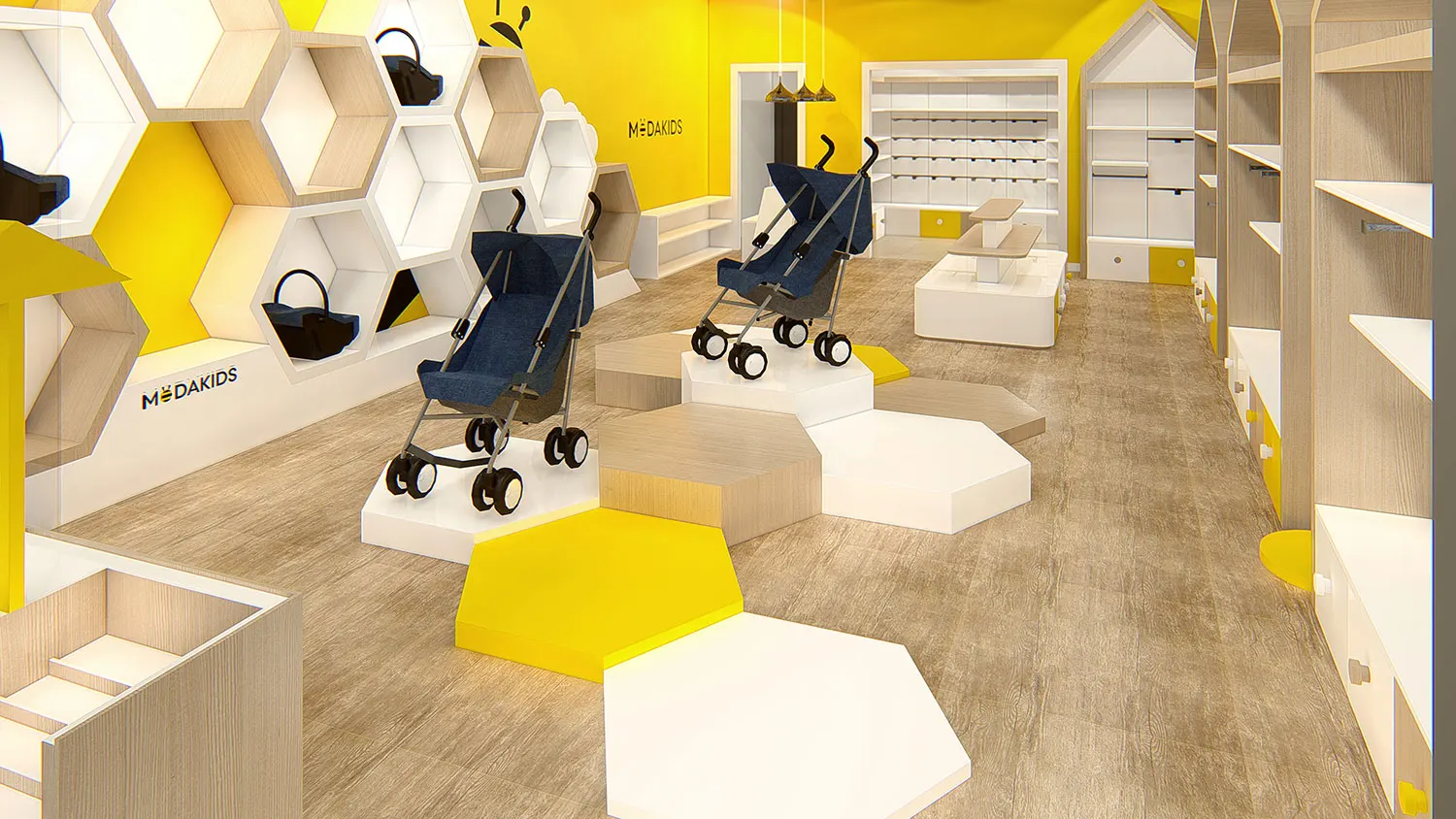 Interior design project for Modakids. Designed 3D rendering to create a trendy retail store