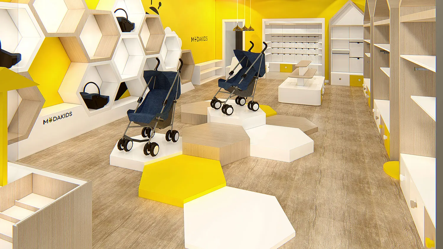 Interior design project for Modakids. Designed 3D rendering  to create a trendy retail store