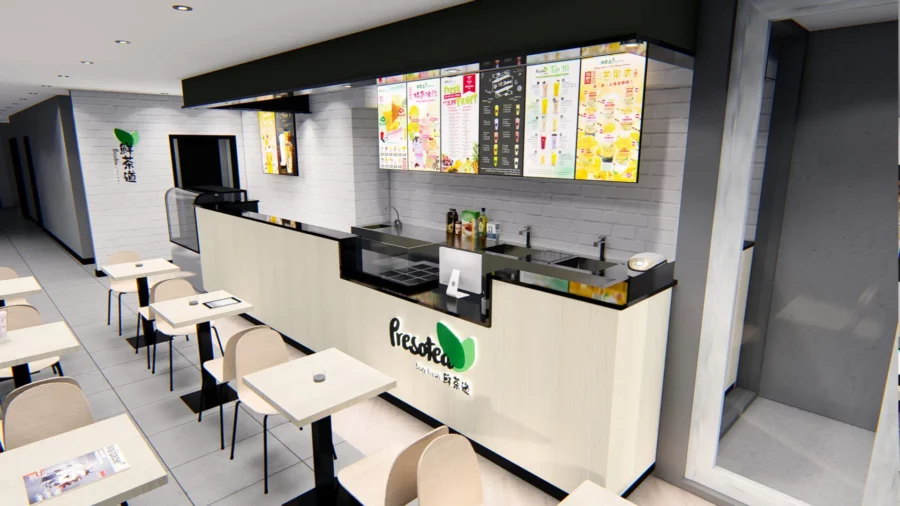 Interior design project for Presotea 鮮茶道. Designed the cafe with 3D rendering