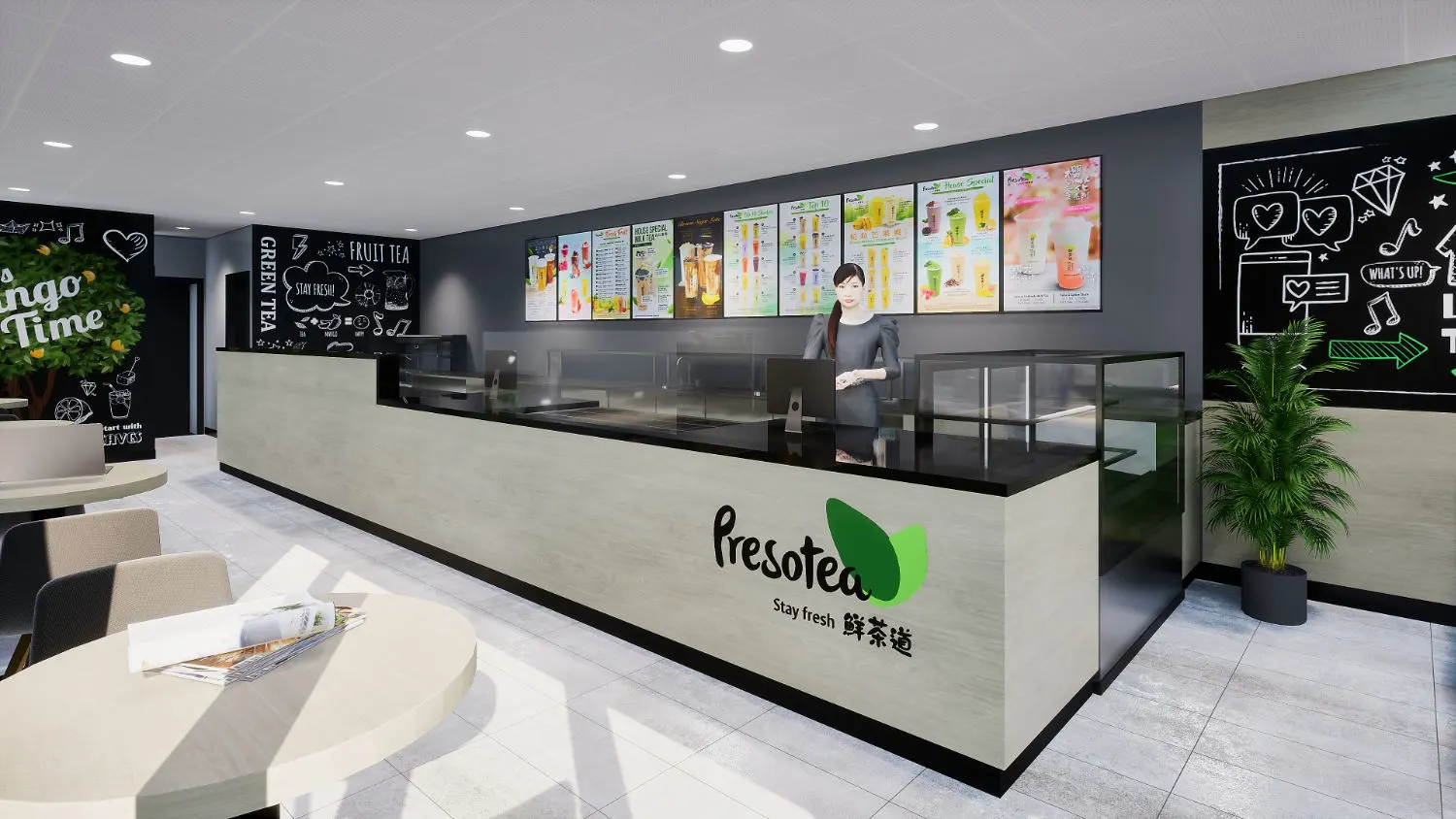 Interior design project for Presotea 鮮茶道. Designed the cafe wallpaper design