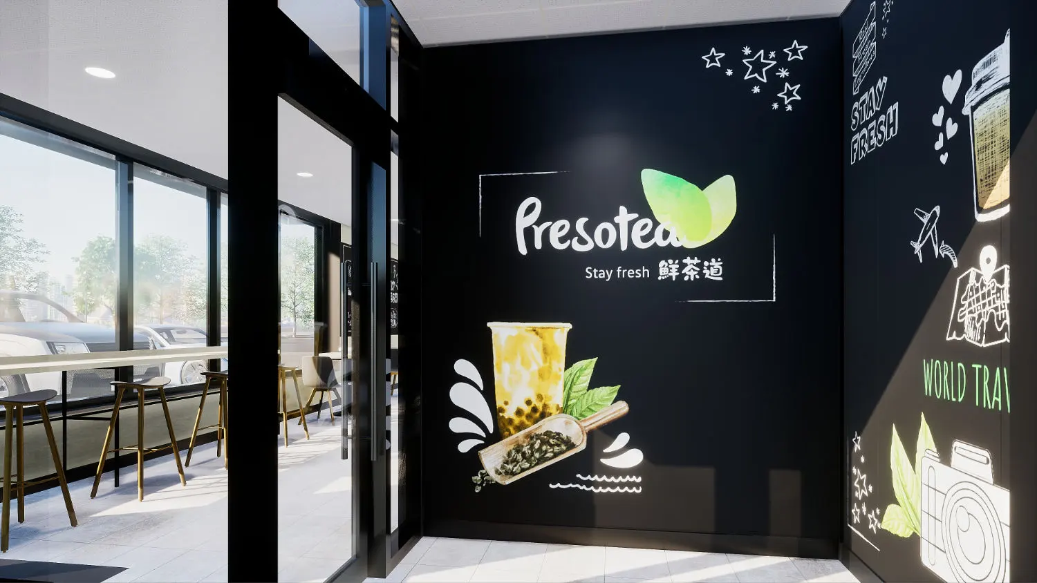 Interior design project for Presotea 鮮茶道. Designed the cafe wallpaper design