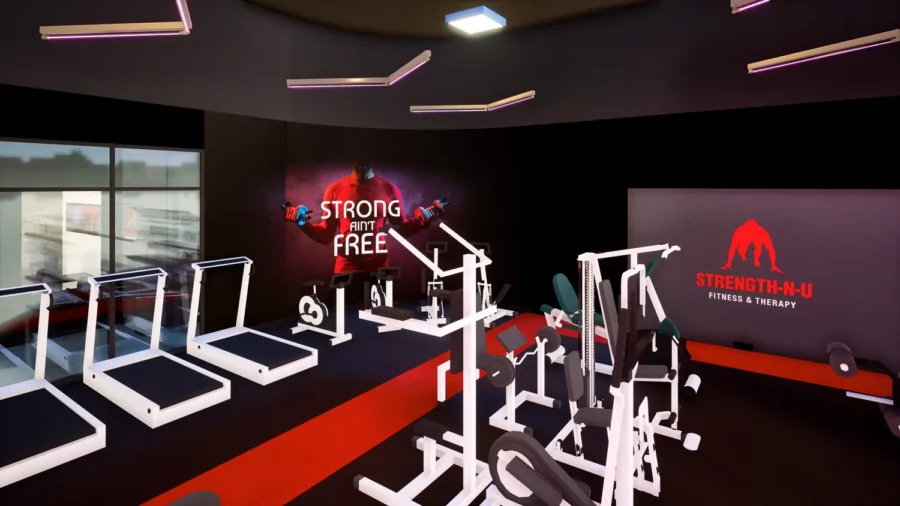 Interior design project for Strength-N-U. Designed 3D rendering for energetic gym section