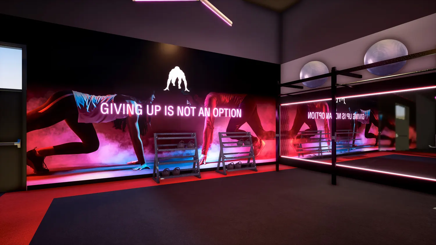 Interior design project for Strength-N-U. Designed 3D rendering for energetic gym section