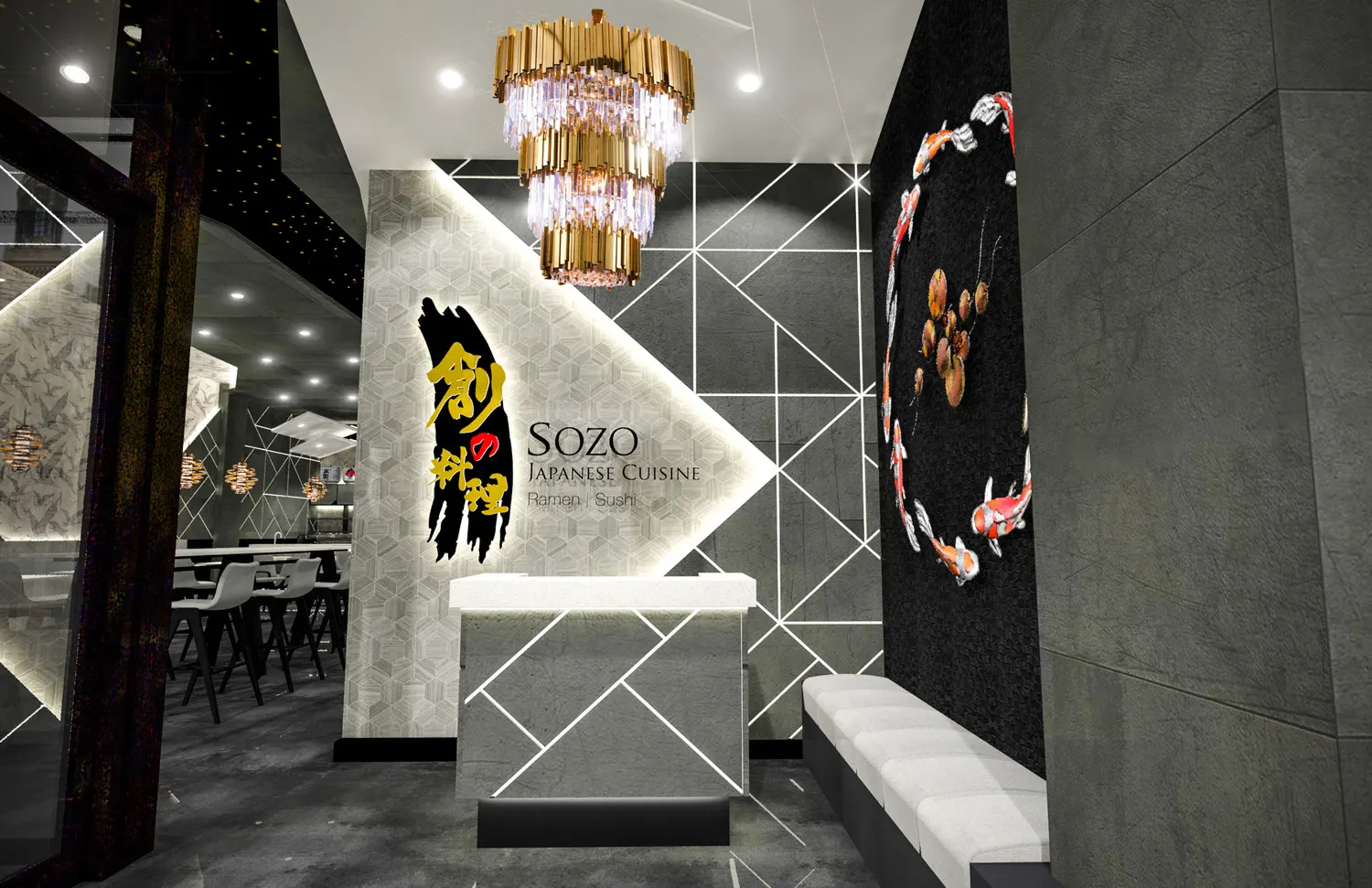 Interior design project for Sozo 創の料理​. Designed 3D rendering with juxtaposition of diagonal lines & Japanese style patterns
