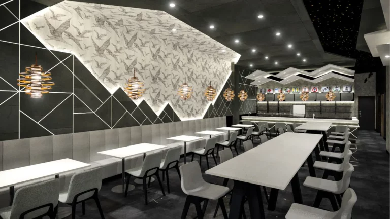 Interior design project for Sozo 創の料理​. Designed 3D rendering with juxtaposition of diagonal lines & Japanese style patterns