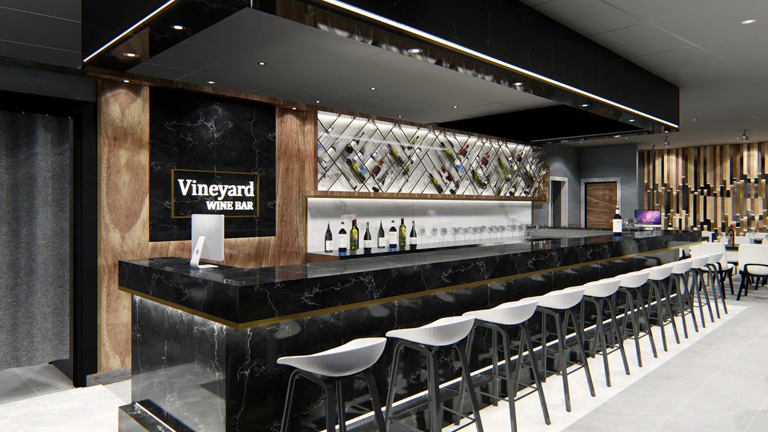 Interior design project for Vineyard Wine Bar. Designed 3D rendering