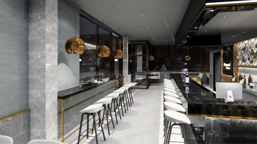 Interior design project for Vineyard Wine Bar. Designed 3D rendering