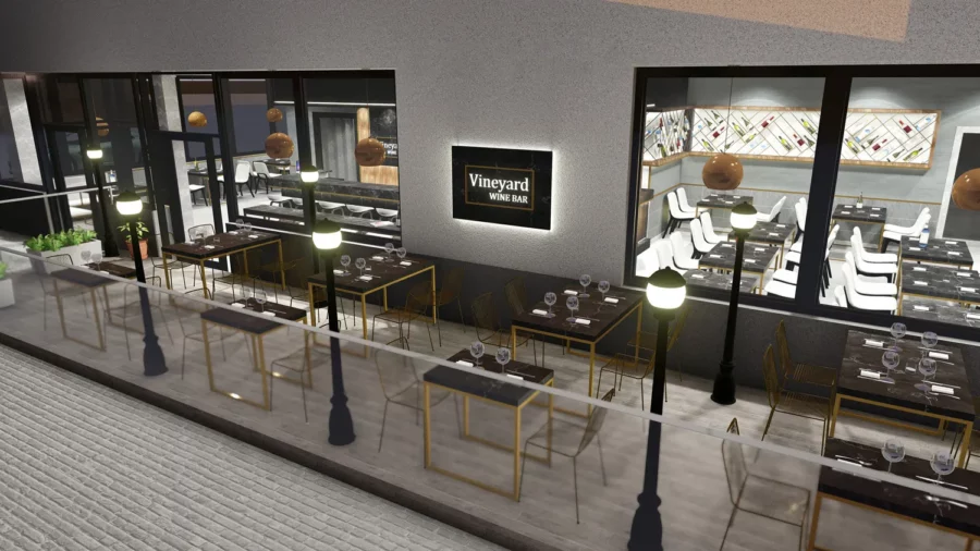 Interior design project for Vineyard Wine Bar. Designed 3D rendering of patio design