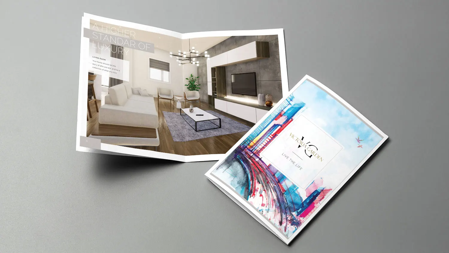 Graphic design project for Victoria Garden. Designed brochures with high quality 3D renders