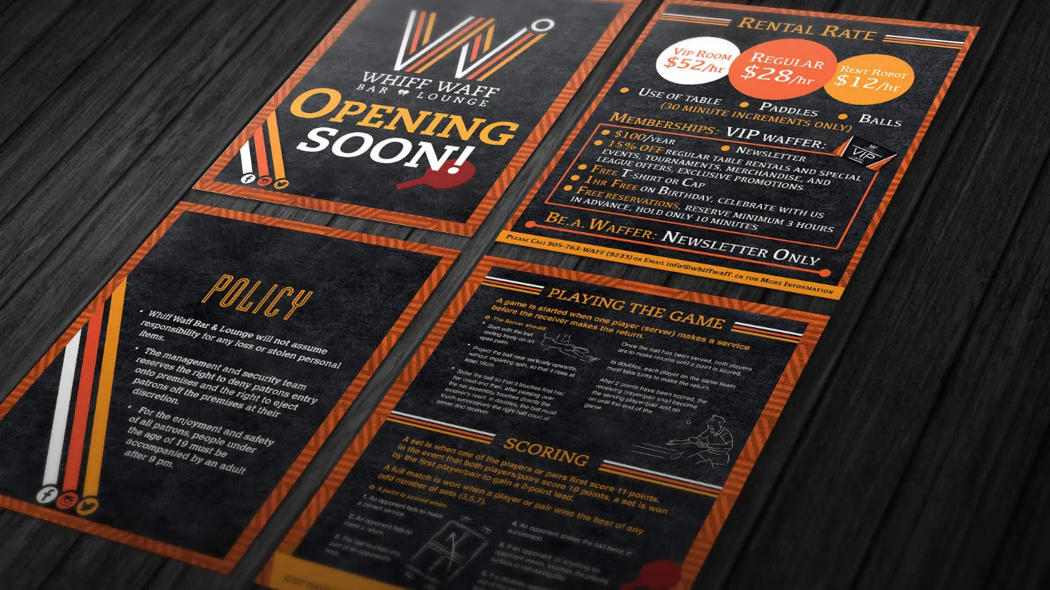 Graphic design project for Whiff Waff Bar & Lounge. Designed posters with company color schenme