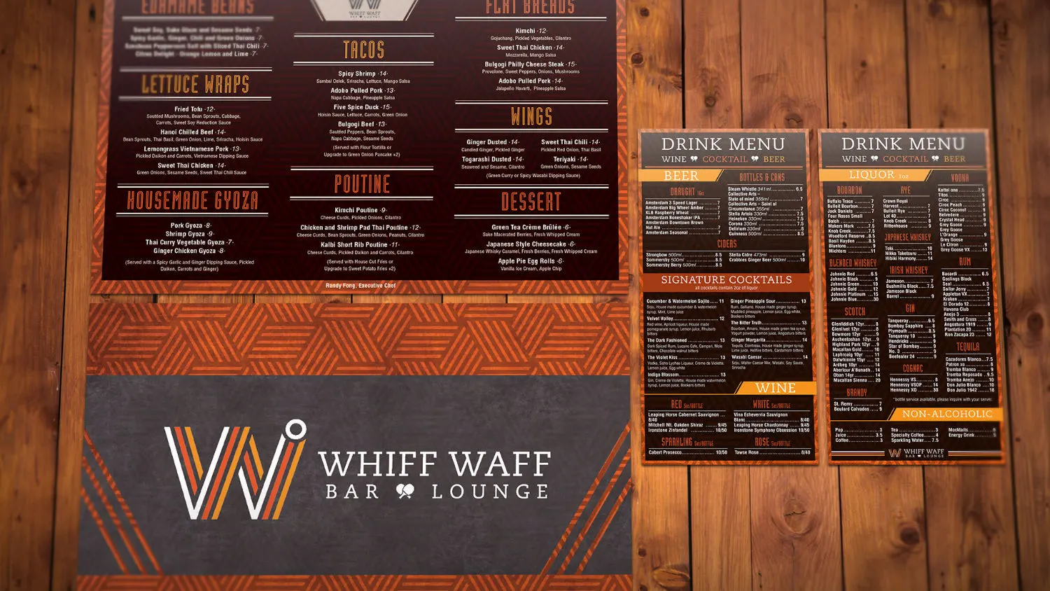Graphic design project for Whiff Waff Bar & Lounge. Designed menus with the brand identity of Whiff Waff