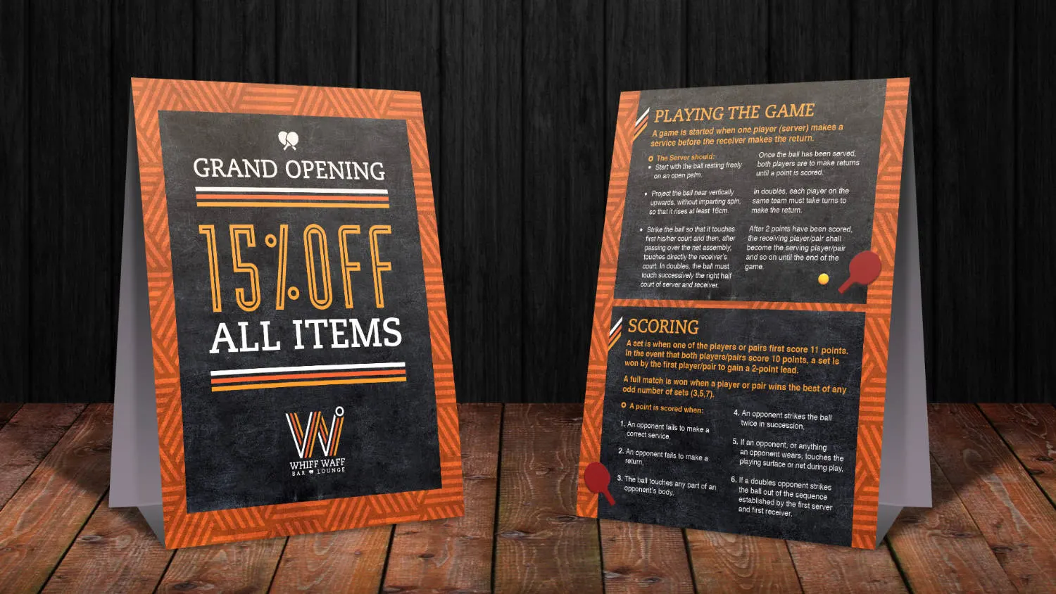 Graphic design project for Whiff Waff Bar & Lounge. Designed the store promotion table stand