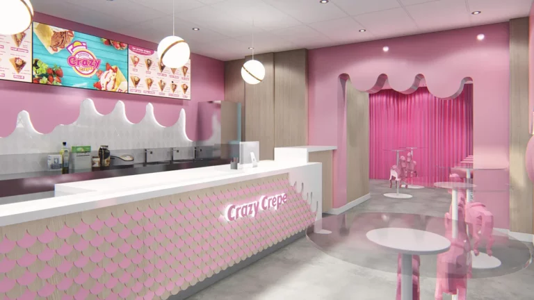 Interior design project for Crazy Crepes. Designed 3D rendering with a cute dream-like theme with pastel colours