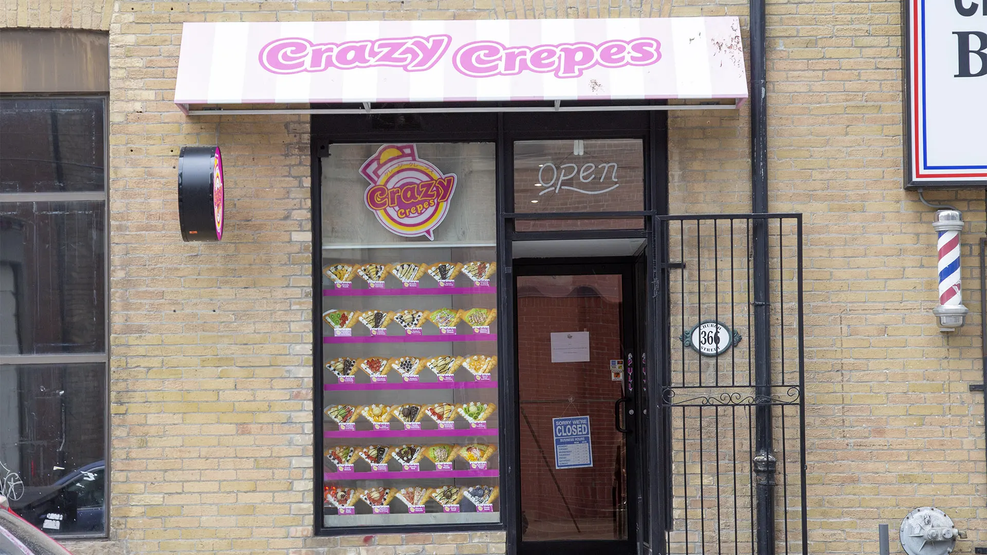 Exterior design project for Crazy Crepes. Designed storefront create a fantastical atmosphere with camera-ready installations