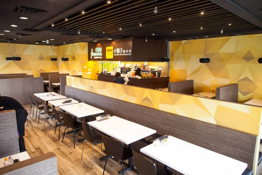 Interior design project for Chef Pap 小鬍子麵茶館. Designed the restaurant with a bold yellow pattern as a signature color