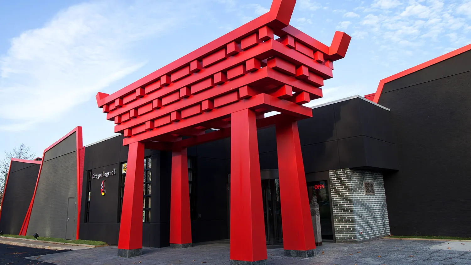 Exterior design project for Dragon Legend 龍珠匯. Designed storefront with a huge “Torii” style gate