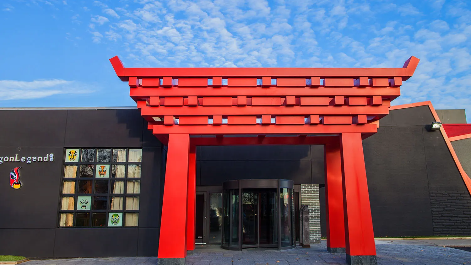 Exterior design project for Dragon Legend 龍珠匯. Designed storefront with a huge “Torii” style gate