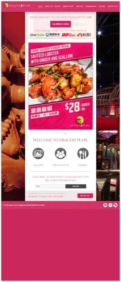 Website design project for Dragon Pearl 龍珠. Developed e-newletters for take out