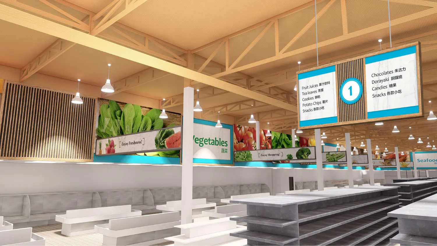 Interior design project for Foody Mart 豐泰超市. Designed 3D rendering with aisle signages