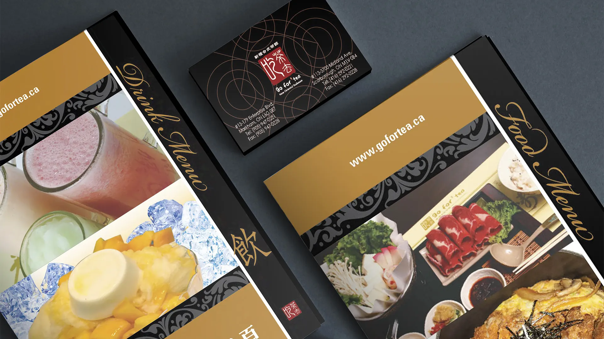 Graphic design project for Go For Tea. Designed brand logo for food and dribk menu and name card