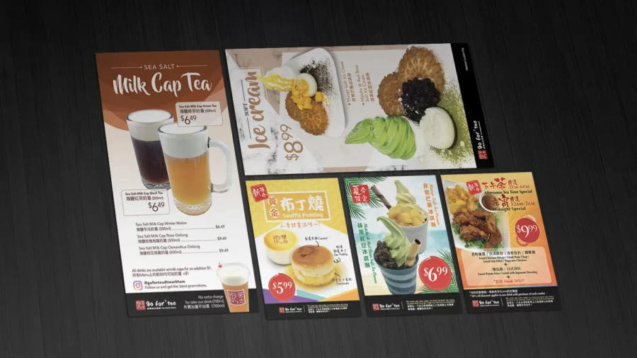 Graphic design project for Go For Tea. Designed menus with bold colorful images constrasted with black and gold elements
