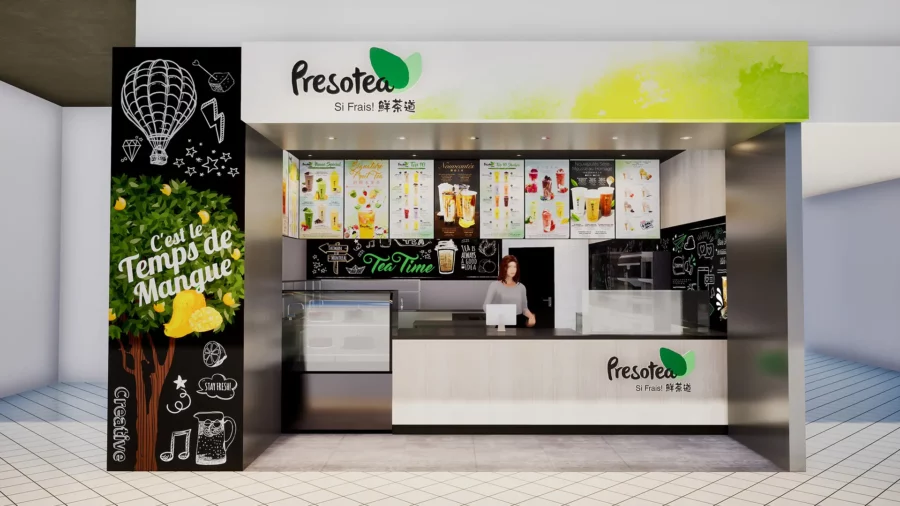 Exterior design project for Presotea 鮮茶道. Designed food court storefront with 3D rendering