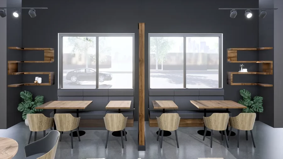 Interior design project for M Chapter. Designed 3D rendering of Cafe