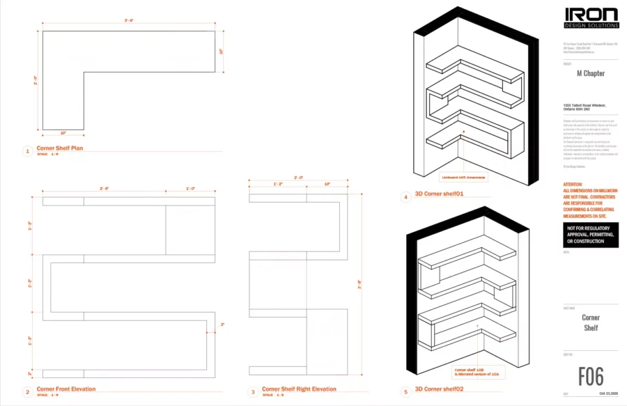 Interior design project for M Chapter. Designed custom shelf with technical drawing