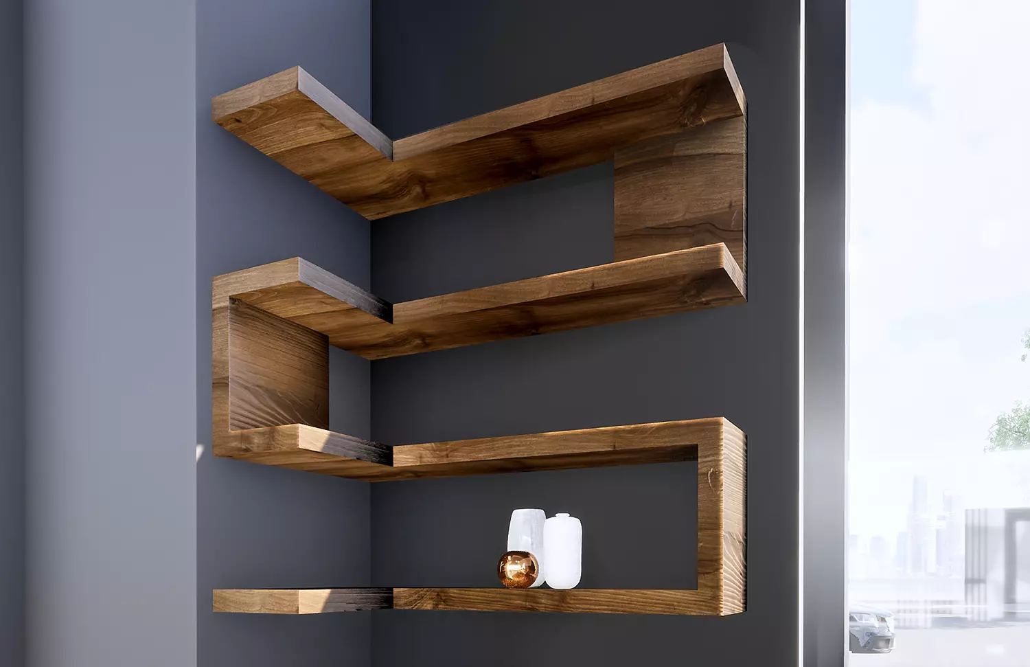 Interior design project for M Chapter. Designed 3D rendering of corner shelf
