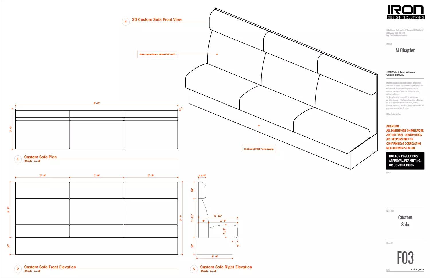 Interior design project for M Chapter. Designed custom seating with technical drawing