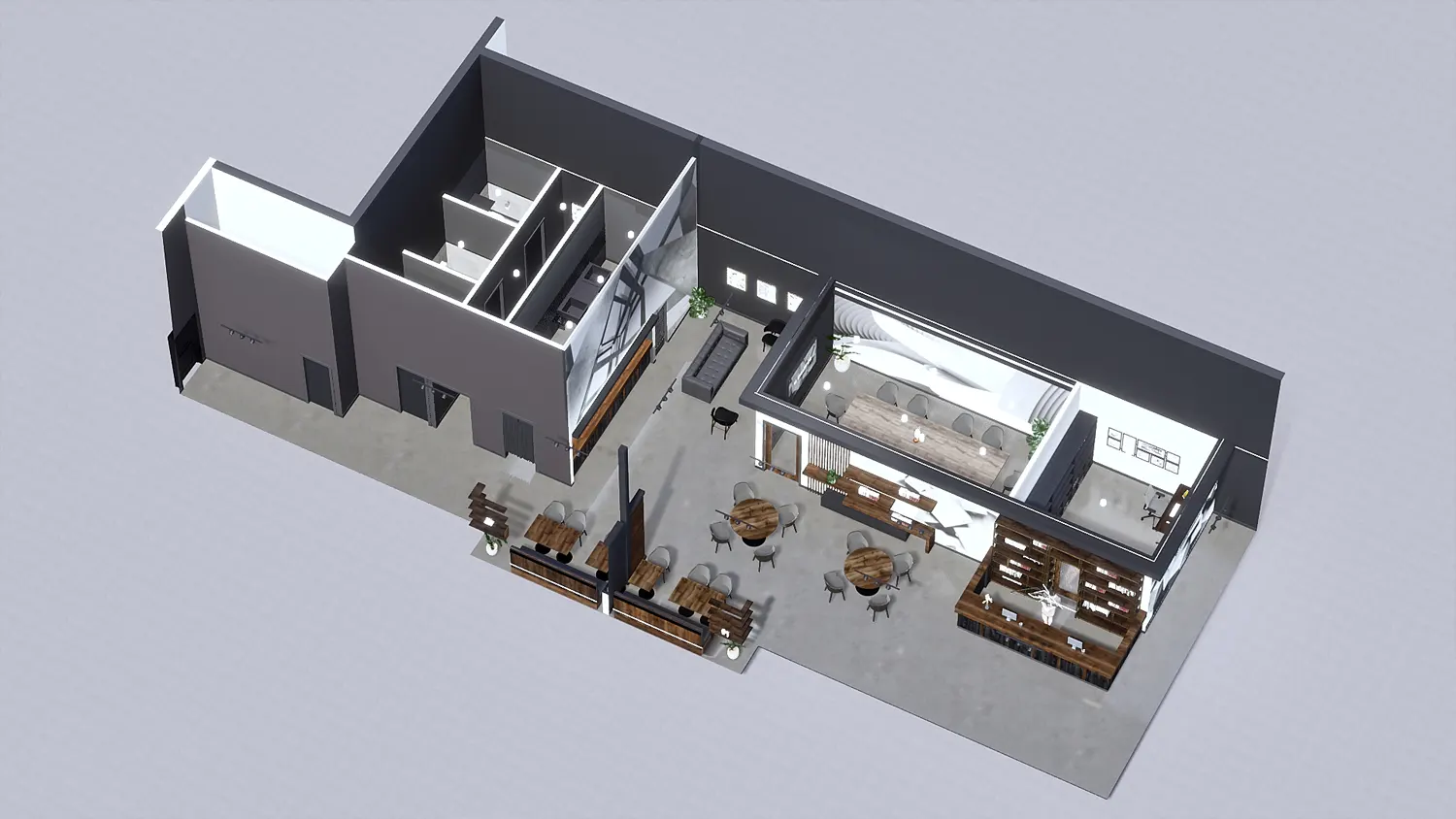 Interior design project for M Chapter. Designed 3D rendering of Cafe floor plan