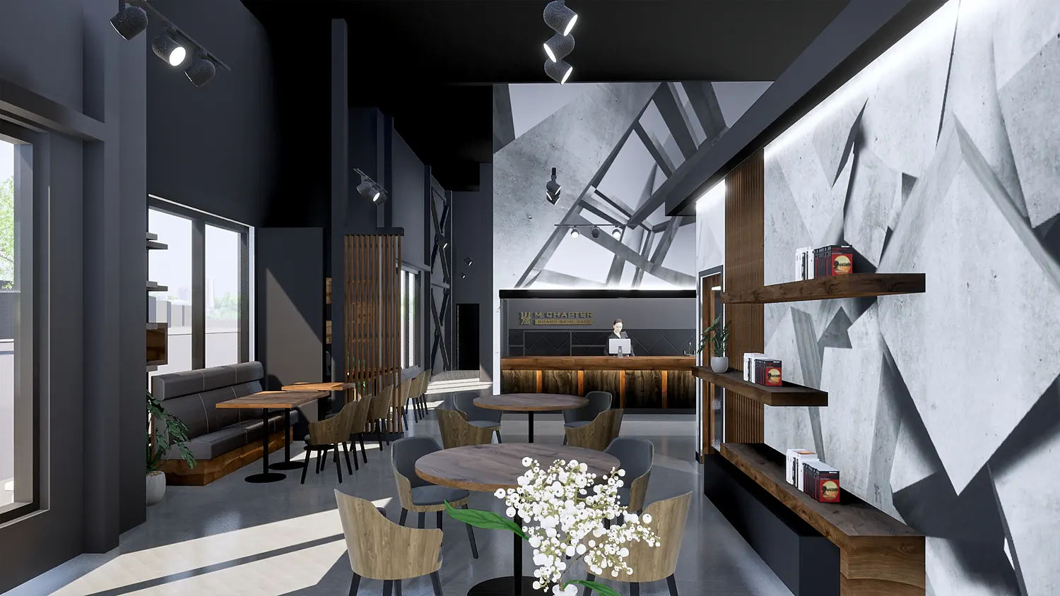 Interior design project for M Chapter. Designed 3D rendering of Cafe