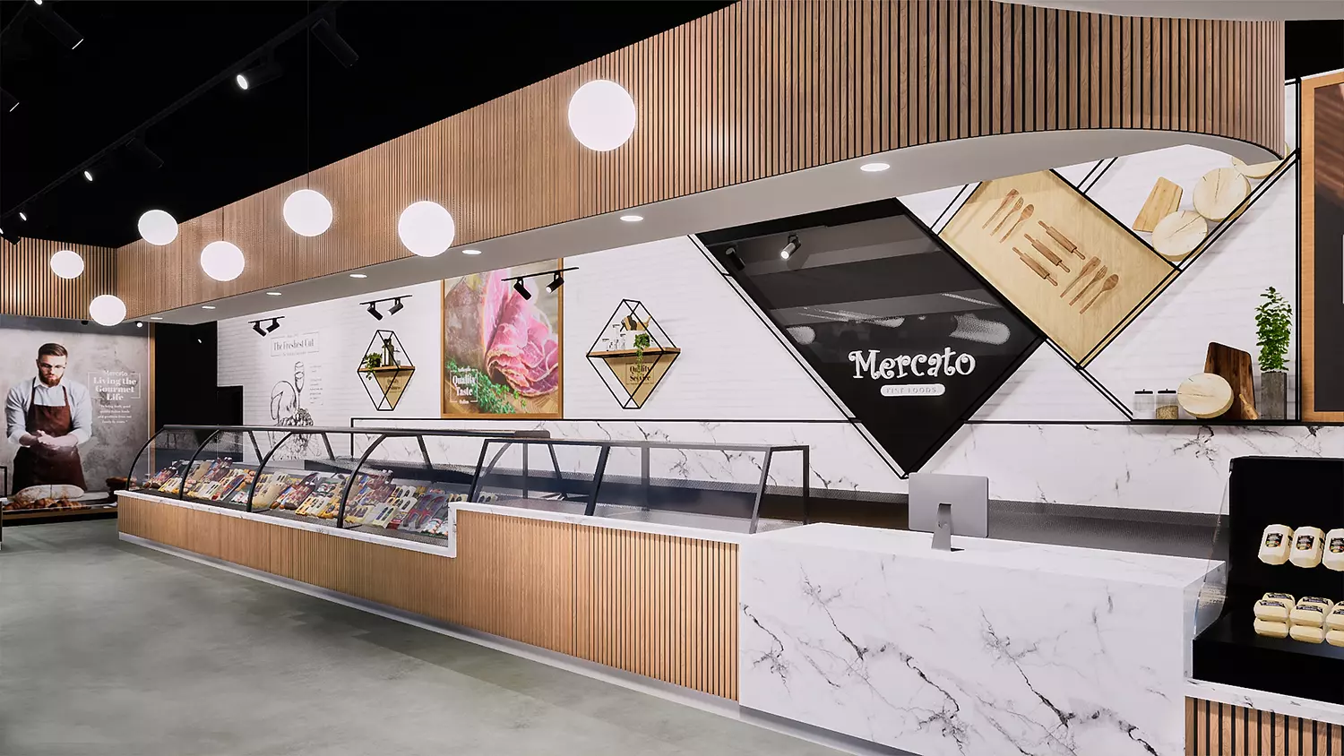 Interior design project for Mercato Fine Foods. Designed detailed drawings of the food market wall surface