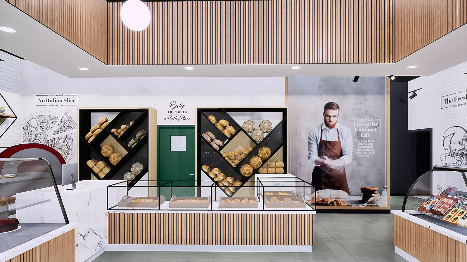 Interior design project for Mercato Fine Foods. Designed detailed drawings of the food market wall surface