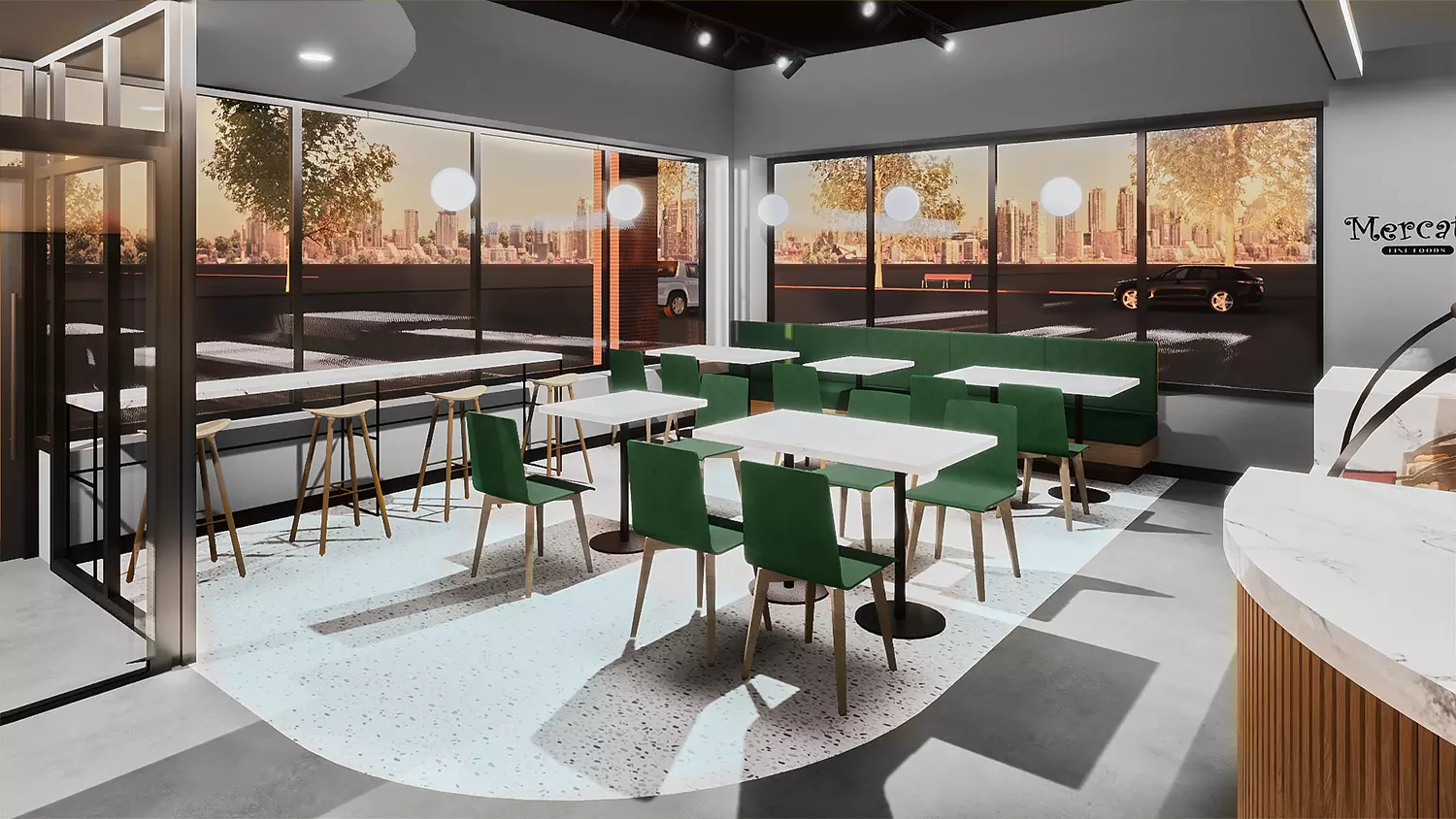 Interior design project for Mercato Fine Foods. Designed 3D rendering for food court