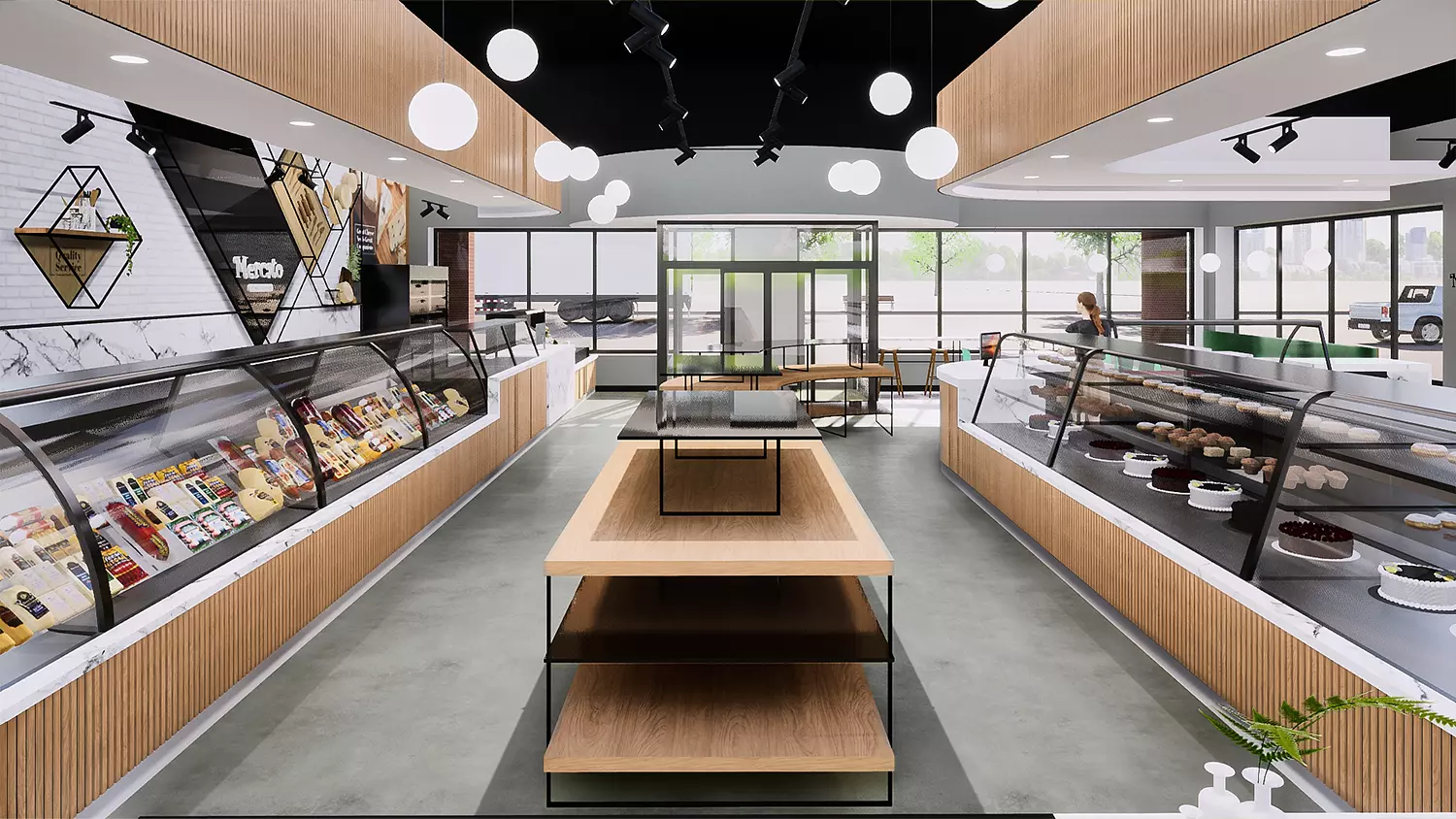 Interior design project for Mercato Fine Foods. Designed 3D rendering for food market