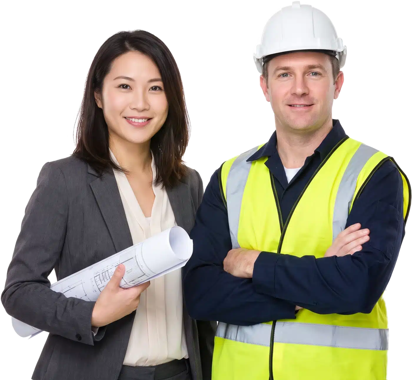 Iron Design project manager holding drawings beside a site contractor in a hard hat