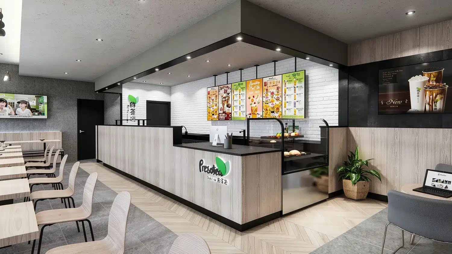 Presotea bubble tea shop interior, Kanata: pale oak service counter with backlit menu screens on a white brick wall