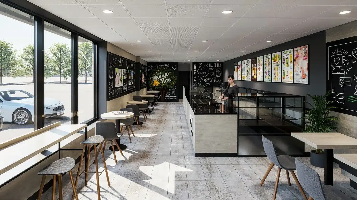 Long view of the Presotea store: window bar with stools facing the street, service counter and menu boards opposite